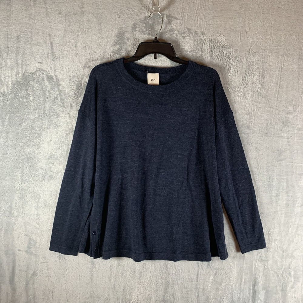 Elk Women Sweater Size 8 Wool Alpaca Blue Side Button Crew Neck Pullover Capsule